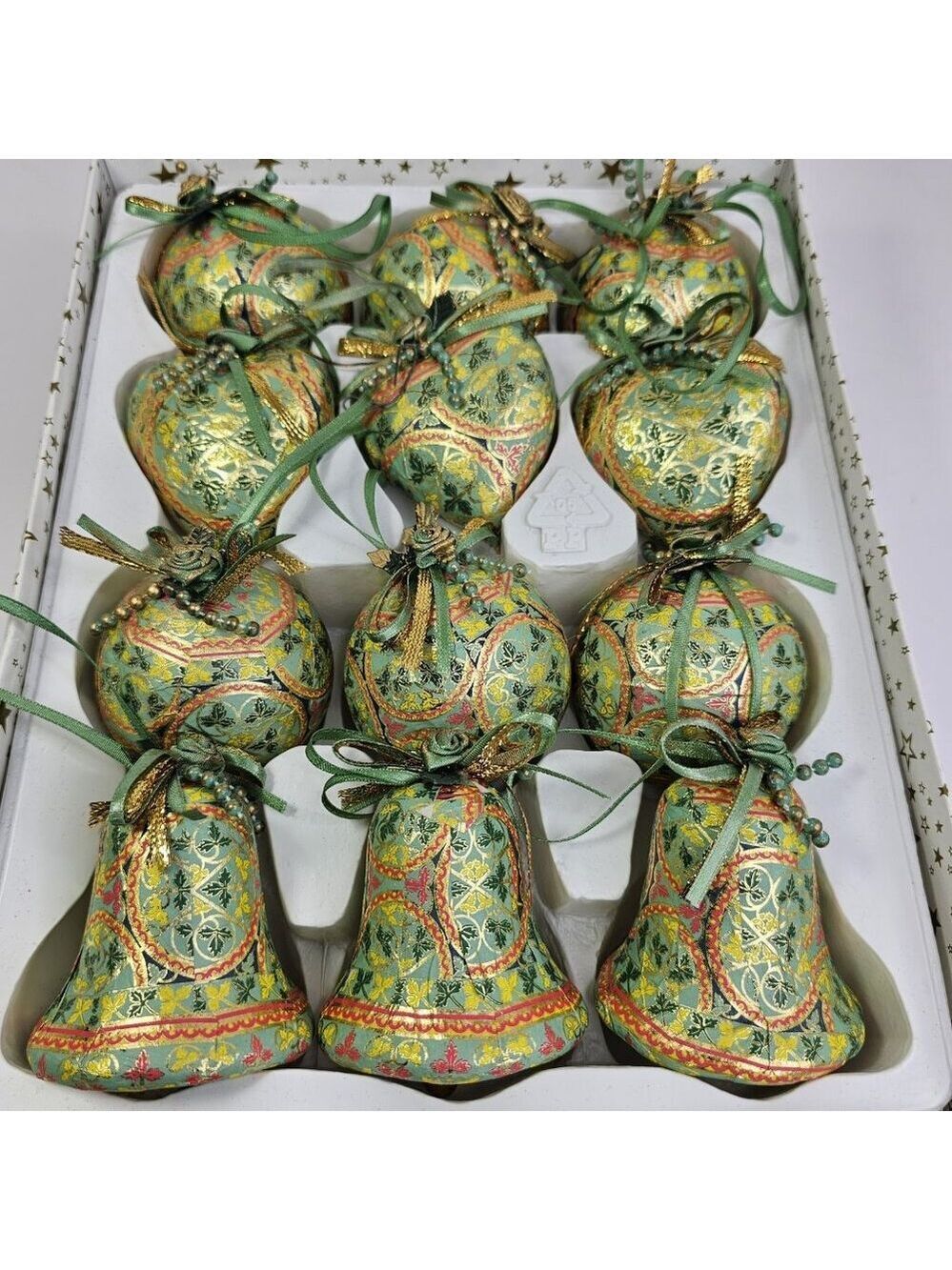 Christmas Ornament Set Paper Mache Bell, Round, And Hearts 12pcs Gold Green Etc